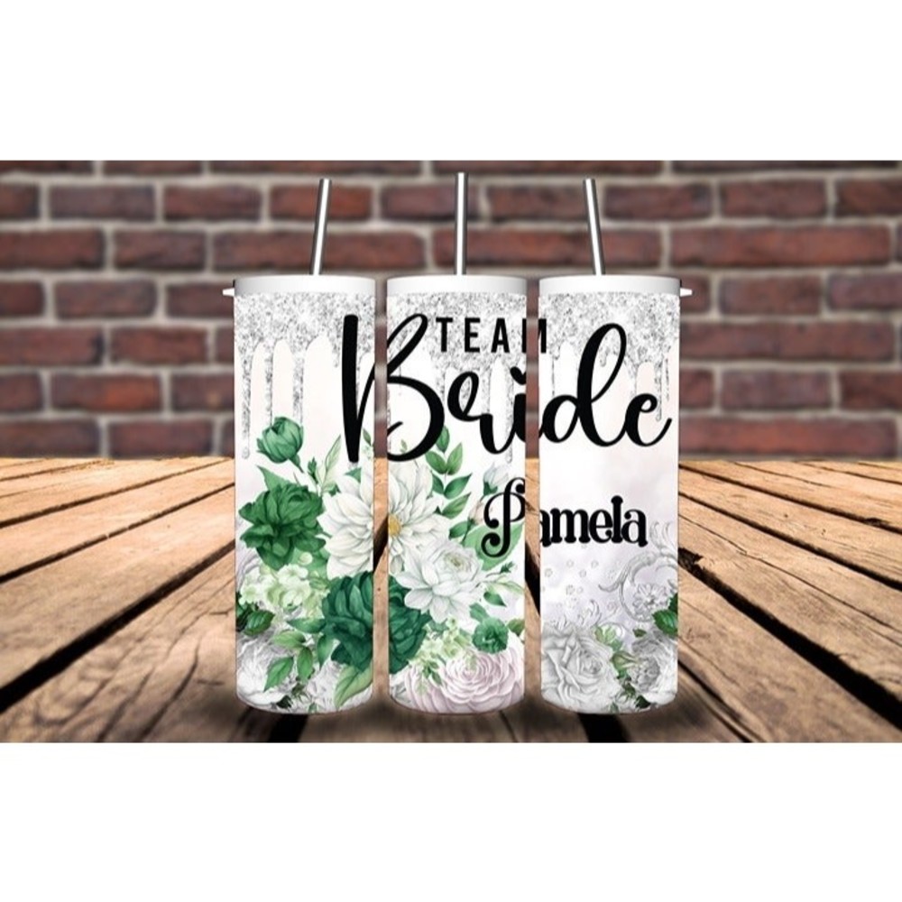 Team Bride Green and White Floral Print Personalized Tumbler, Bridesmaid Tumbler